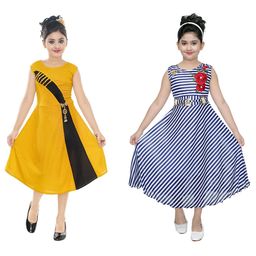 BAESD Kids-Girls Pack Of 2 Striped Round Neck A-Line Midi Dress-image-77