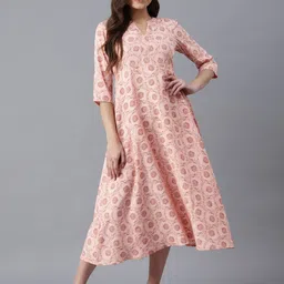 AURELIA Peach-Coloured Floral Ethnic A-Line Midi Dress-15