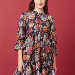 Globus Black Floral Printed Tie-Up Neck Bell Sleeve Gathered Tiered A-Line Dress-image-76