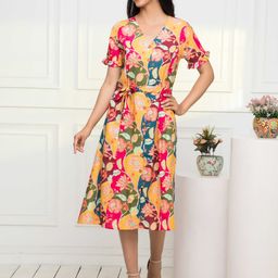 Myshka V-Neck Floral Printed Tie-up Detailed A-Line Midi Dress-picture-17