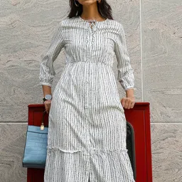 PINACOLADA Striped Tie-Up Neck A-Line Midi Dress-image-52