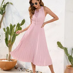 StyleCast Pink  Striped Tie-Up Neck Cotton A-Line Midi Dress-image-75