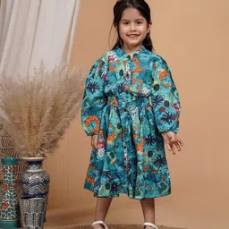 UNBIND Girls Floral Print Mandarin Collar Cotton Midi Dress-picture-40