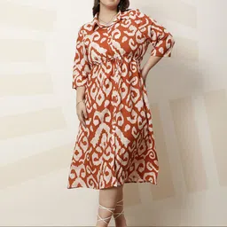 Athena Ample Women Printed Shirt Collar A-Line Midi Dress-image-9