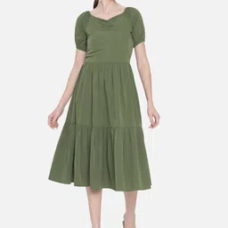 BAESD Puff Sleeves Gathered A-Line Midi Dress-picture-19