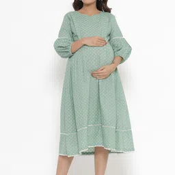 Ikk Kudi by Seerat Green & Desert Sage Maternity & Nursing Cotton Midi Dress-55