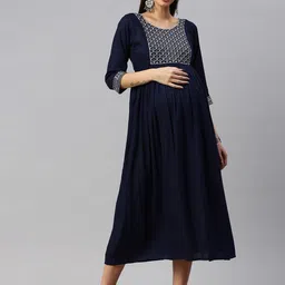 Swishchick Floral Embroidered Sequined Maternity A-Line Ethnic Dress-image-17