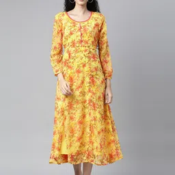 Souchii Yellow Floral Layered Chiffon A-Line Midi Dress-picture-41