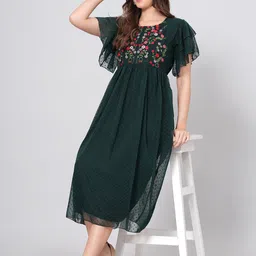 JC4U Self Design Flared Sleeve Embroidered Chiffon A-Line Dress-image-15