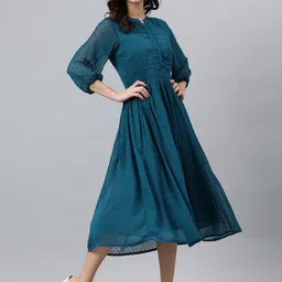 Janasya Teal Chiffon A-Line Midi Dress-picture-42