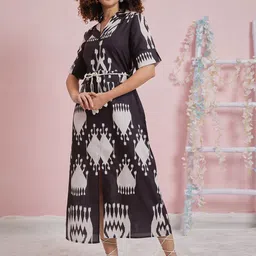Athena Abstract Printed Tie-Up Neck Short Sleeves Linen A-Linen Midi Dress-11