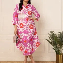 DEEBACO Floral Print Shirt Collar A-Line Midi Dress-image-62