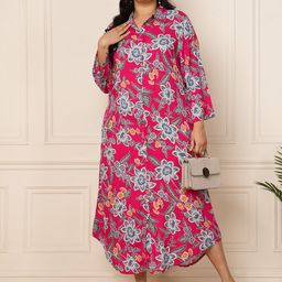 DEEBACO Plus Size Floral Print A-Line Midi Dress-81