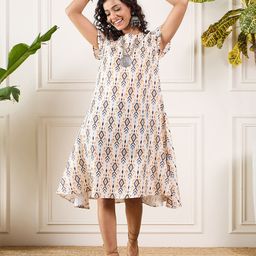InWeave Floral Printed Round Neck Short Sleeves A-Line Midi Dress-picture-25