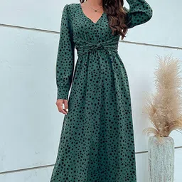 StyleCast Green & Black Abstract Printed Cuffed Sleeves Fit & Flare Midi Dress-picture-14
