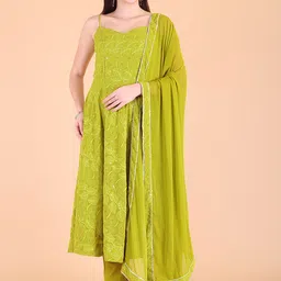 PRENEA Floral Embroidered Shoulder Strap Kurta With Trousers & Dupatta-picture-3