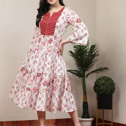 Nayam By Lakshita Floral Printed Notched Neck Cotton A-Line Midi Dress-image-98