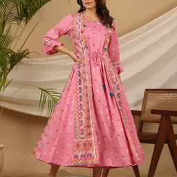 Juniper Pink Floral Printed Cotton Flared A-Line Midi Dress-image-34