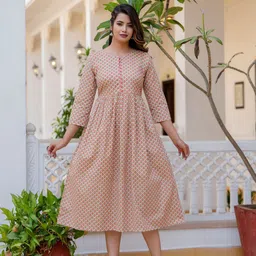 antaran Women Ethnic Motifs Printed Round Neck Pure Cotton Fit and Flare Midi Dress-image-17