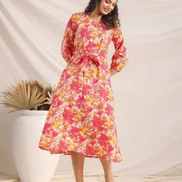 Janasya Floral Printed Cotton A-Line Midi Dress-image-63