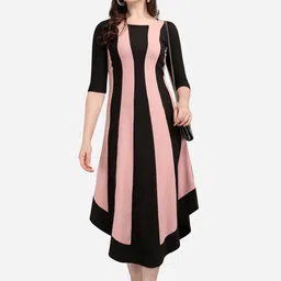PURVAJA Women Peach-Coloured Colourblocked A-Line Midi Dress-31