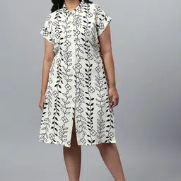 Instafab Plus Women Cream & Black Floral A-Line Midi Dress-23