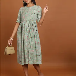 Vishudh Green Floral Printed A-Line Midi Dress-image-89