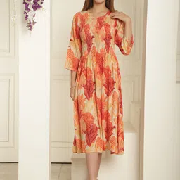 Aawari Tropical Printed Round Neck Smocked A-Line Midi Dress-image-78