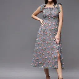 DressBerry Grey Floral Printed Shoulder Straps Smocking Georgette A-Line Midi Dress-image-30