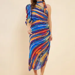 Antheaa Blue Abstract Printed One Shoulder Puff Sleeves Ruched Georgette A-Line Midi Dress-15