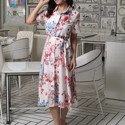 AKS Couture Floral Print Short Sleeves Belted Shirt Style Dress-image-74