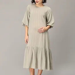 The Mom Store Striped Puff Sleeves Tiered Maternity A-Line Midi Dress-image-14