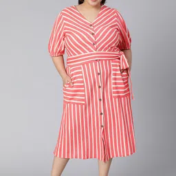 Oxolloxo Women Plus Size Red Striped A-Line Cotton Midi Dress-picture-3
