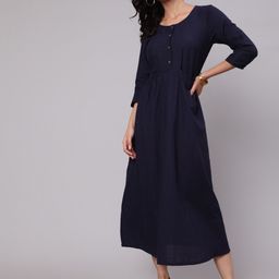 AKS Self Design Round Neck Cotton A-Line Midi Dress-image-6