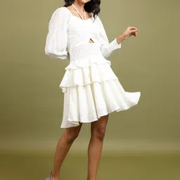 Tokyo Talkies Cream-Coloured Self Design Puff Sleeves Cut Outs Ruched Fit and Flare Dress-picture-16