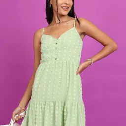 Tokyo Talkies Green Self Design Tiered A-Line Dress-picture-18