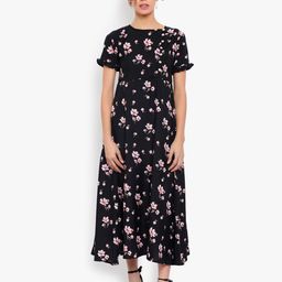 Indietoga Black Floral Printed Fit and Flare Long Maxi Dress-image-57