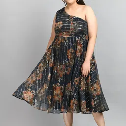 PrettyPlus by Desinoor.com Plus Size One Shoulder Floral Printed A-Line Midi Dress-16