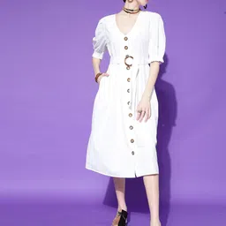 STREET 9 White Solid Pure Cotton A-Line Midi Dress-image-15