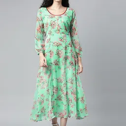 Souchii Women Sea Green Floral Chiffon Maxi Dress-picture-24