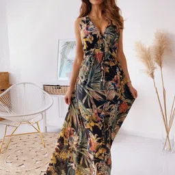 StyleCast Brown Floral Printed Tie-Ups Maxi Fit & Flare Dress-image-50