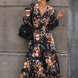 StyleCast Black Floral Printed V-Neck Puff Sleeves Tiered Fit and Flare Midi Dress-image-66