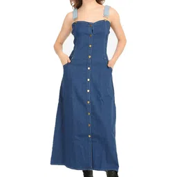 SUMAVI-FASHION Shoulder Strap Sleeveless Organic Cotton Denim A-Line Midi Dress-picture-12