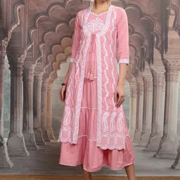 Vishudh Pink Floral Embroidered Tiered Cotton Fit and Flare Midi Dress With Shrug-image-3