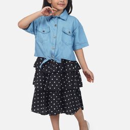 HERE&NOW Girls Polka Dots Printed Shoulder Straps Layered Fit & Flare Dress With Jacket-picture-7