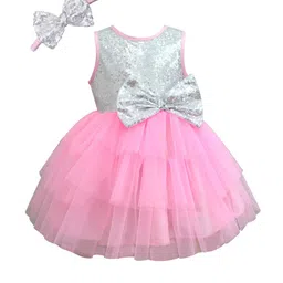 A.T.U.N. Girls Pink & Silver Coloured Embellished Net Fit & Flare Dress with Headband-picture-26
