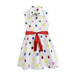 A T U N Off White Polka Dots Printed Cotton Fit and Flare Dress-picture-3