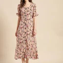 WoowZerz Pink & Green Floral Georgette A-Line Midi Dress-picture-30