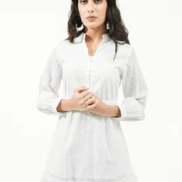 RAREISM Mandarin Collar Long Cuffed Sleeves A-Line Cotton Dress-image-10