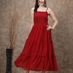 plusS Red Striped Embellished Shoulder Straps Gathered & Tiered Detail Maxi Dress-picture-3